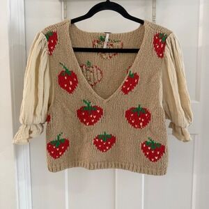 Free People Beige Knit Strawberry Crop Top with Red & Green Accents